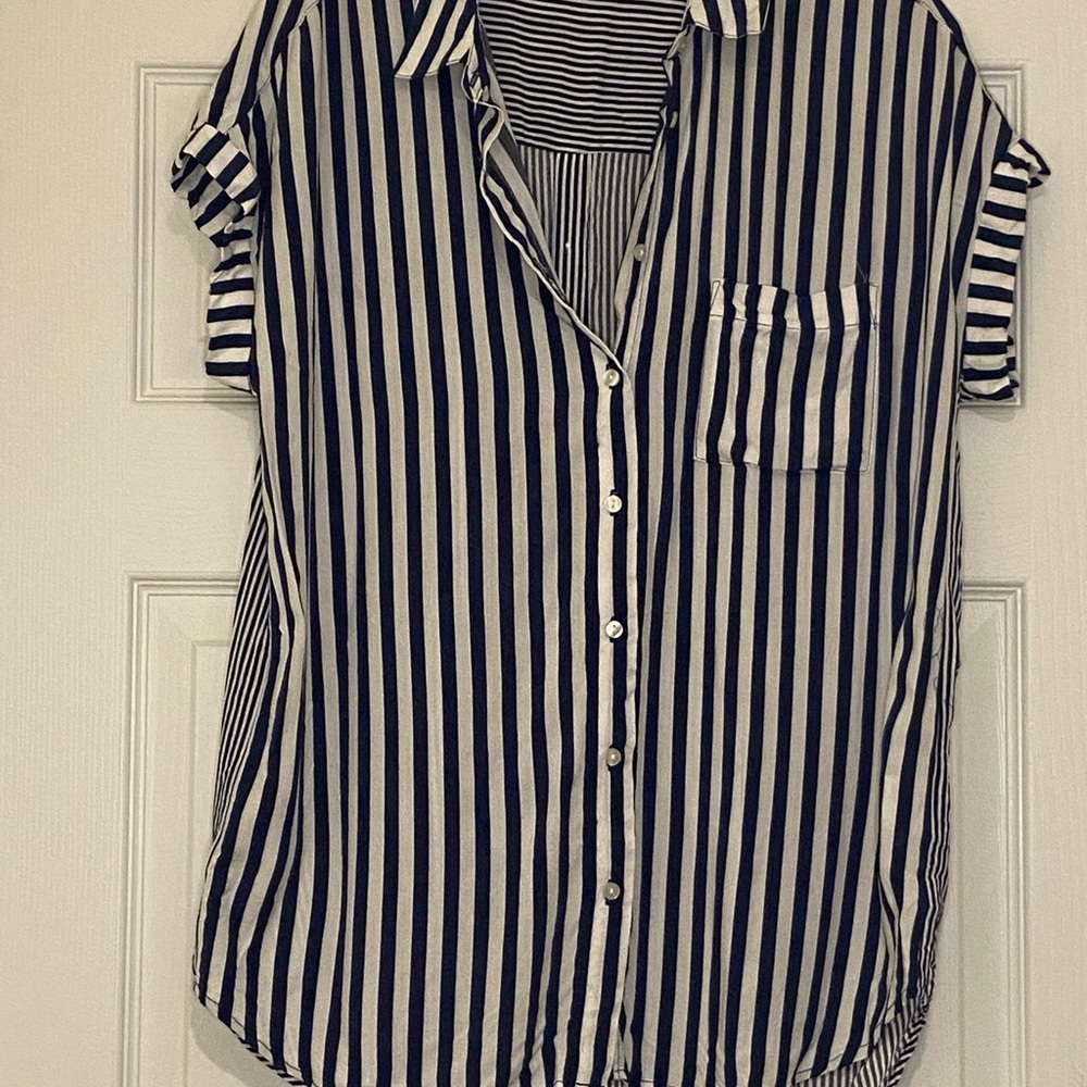 Jane and Delancey blue and white stripped button up shirt